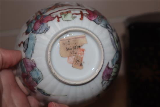 A pair of 20th century Chinese porcelain small bowls, decorated in polychrome with phoenix, and two bowls with covers and stands